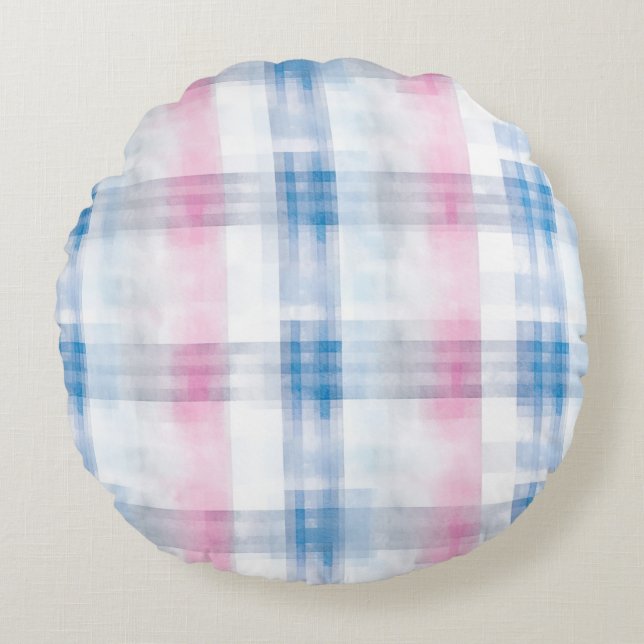 Pink Blue White Plaid Stripes Rundes Kissen (Vorderseite)