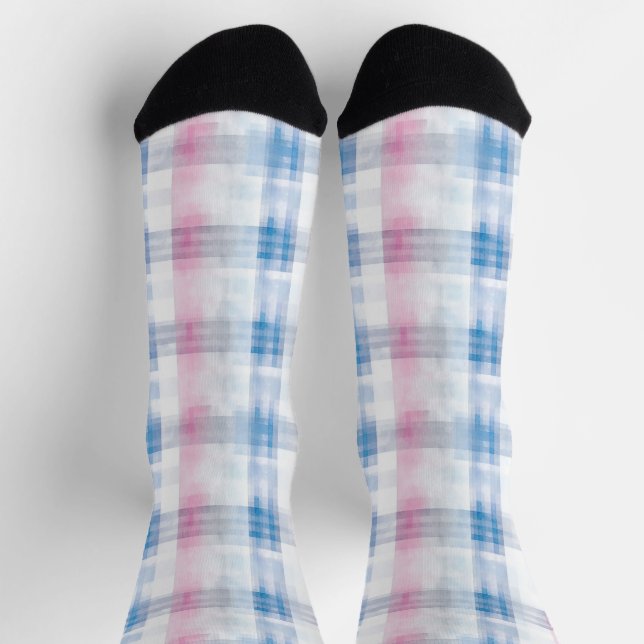 Pink Blue White Plaid Stripes Socken (Oben)