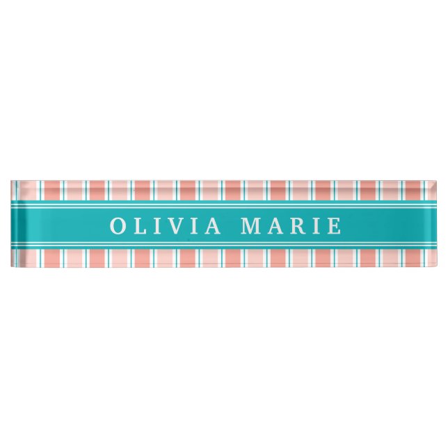 Pink Blue White Stripe Muster mit Name Namensplakette (Vorderseite)