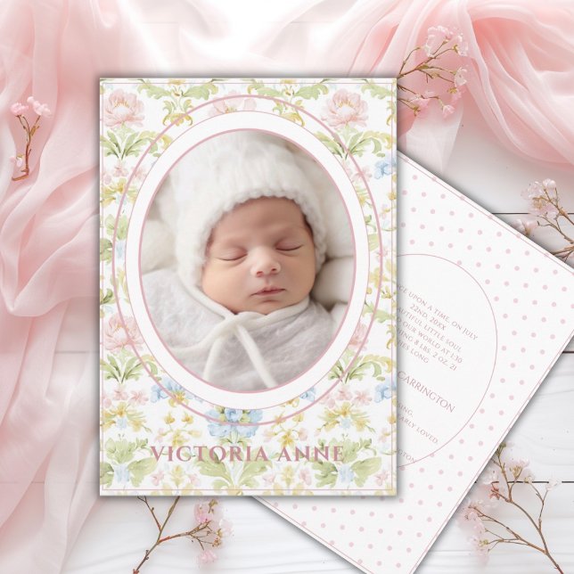 Pink Blue Yellow Damask Floral Birth Announcement Einladung (Von Creator hochgeladen)