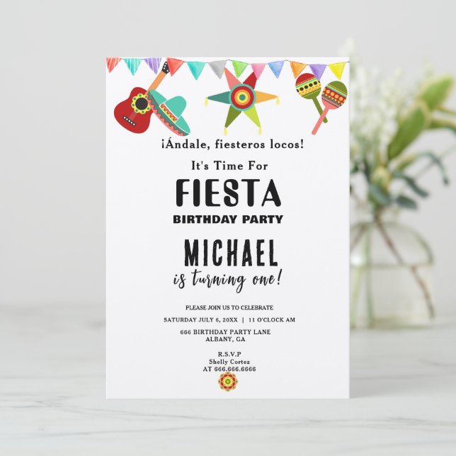 Pink Blue Yellow Mexican Fiesta Birthday Einladung (Stehend Vorderseite)