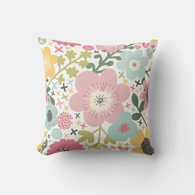 Pink Blue Yellow Modern Floral Kissen (Vorderseite)