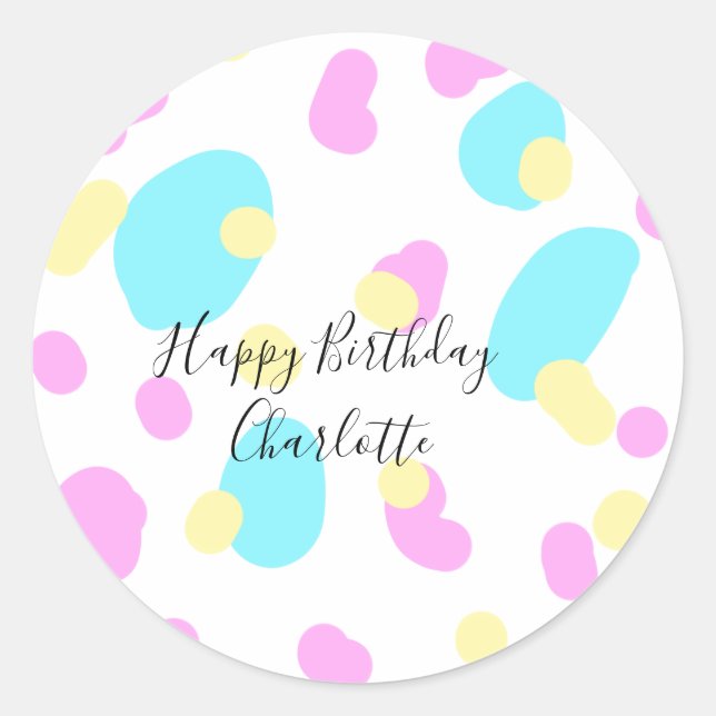 Pink blue yellowhappy birthday kids shapes abstrac runder aufkleber (Vorderseite)