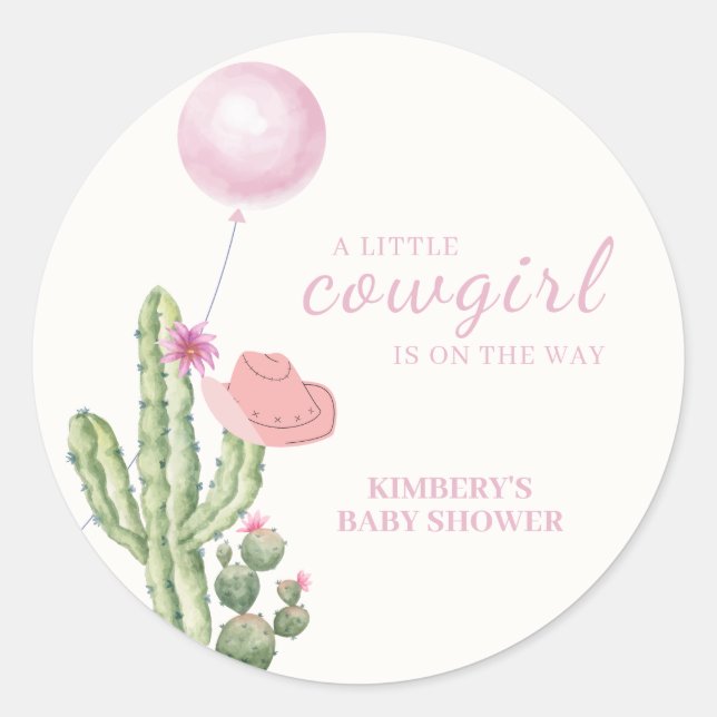 Pink Blume Cactus Balloon Cowgirl Babydusche Runder Aufkleber (Vorderseite)