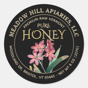 PINK BLUME ETIKETT AUF SCHWARZ RUNDER AUFKLEBER