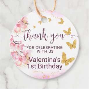 Pink Blume Gold Schmetterlinge Script Danke Geschenkanhänger