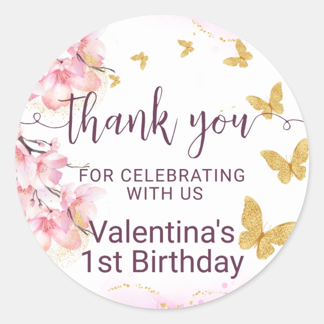 Pink Blume Gold Schmetterlinge Script Danke Runder Aufkleber (Vorderseite)