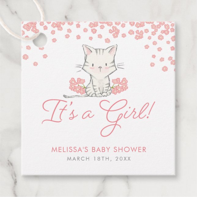 Pink Blume Kitten Girl Babydusche Geschenkanhänger (Vorderseite)