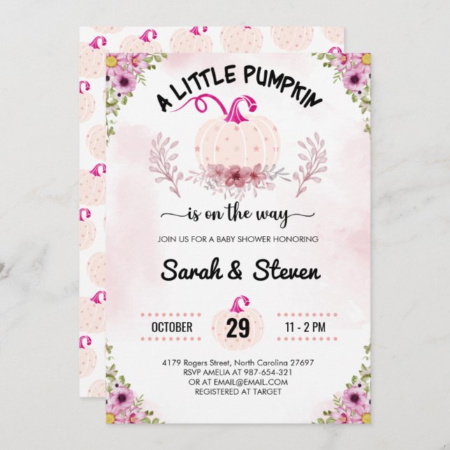Pink Blume Kleine Pumpkin Baby Girl Dusche Einladung (Vorne/Hinten)