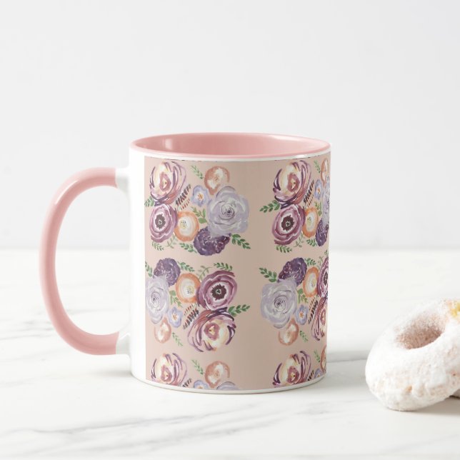 Pink Blume Malerei Bouquet Kaffee Tasse (Mit Donut)