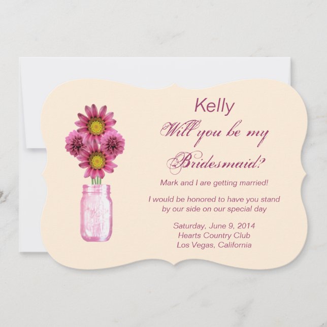 Pink Blume Mason Jar Bridesmaid Card Einladung (Vorderseite)