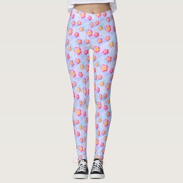 Pink Blume Muster auf Pastellfarben Leggings (Vorderseite)