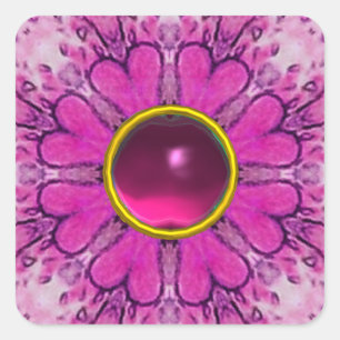 PINK BLUME PETALS, BLUMENHERZEN UND RUBY GEMSTONE QUADRATISCHER AUFKLEBER