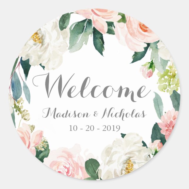 Pink Blume Wreath Wedding Welcome Stickers (Vorderseite)
