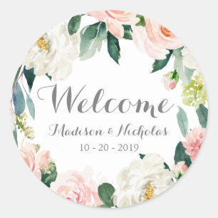 Pink Blume Wreath Wedding Welcome Stickers