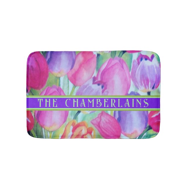 PINK Blumendekoration Grüner Text Badematte (Vorderseite)