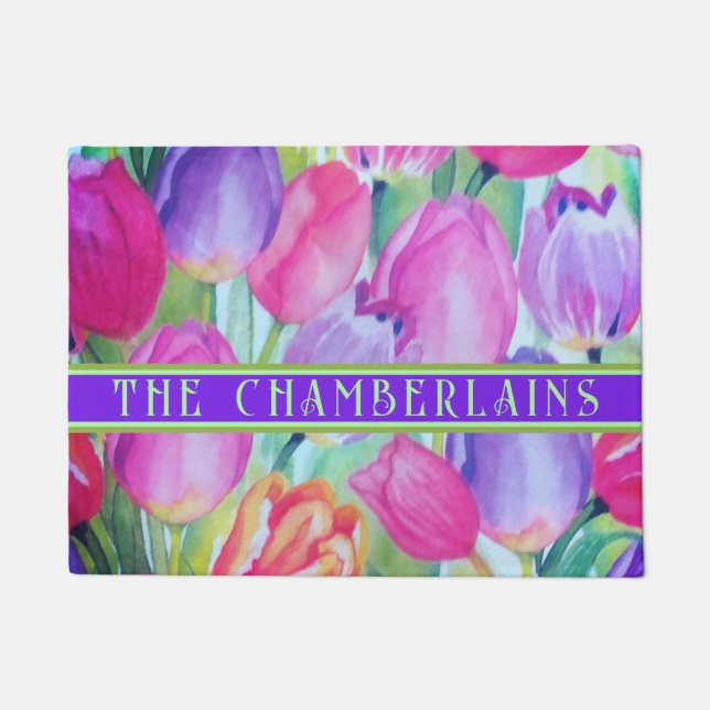 PINK Blumendekoration Grüner Text Fußmatte (Vorderseite)