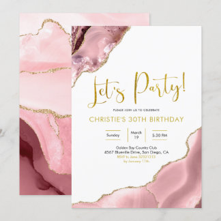 Pink Blush and Gold Agate Let's Party Einladung