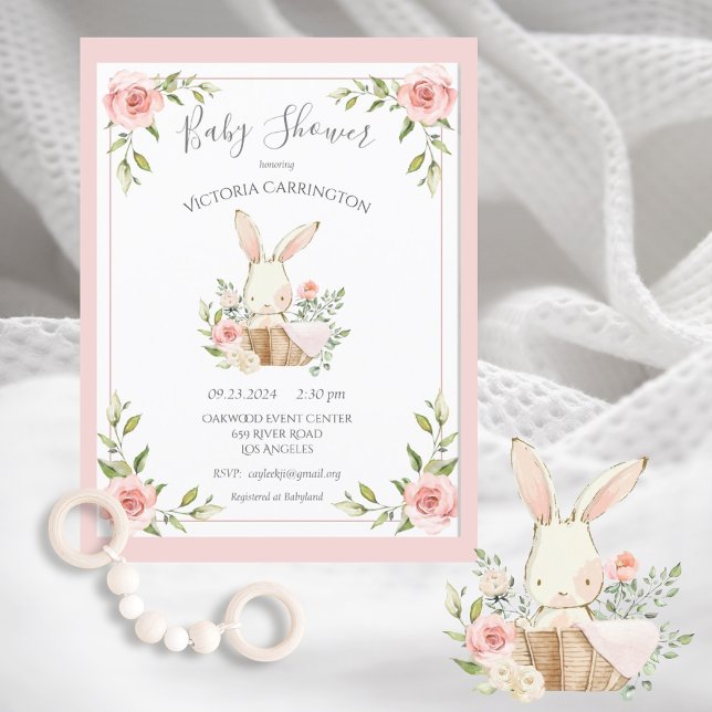 Pink Blush Bloral Bunny Rabbit Babydusche Postkarte (Von Creator hochgeladen)
