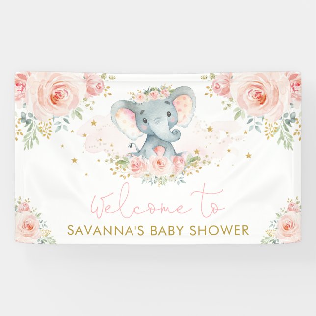 Pink Blush Blume Elephant Baby Girl Willkommen Banner (Horizontal)
