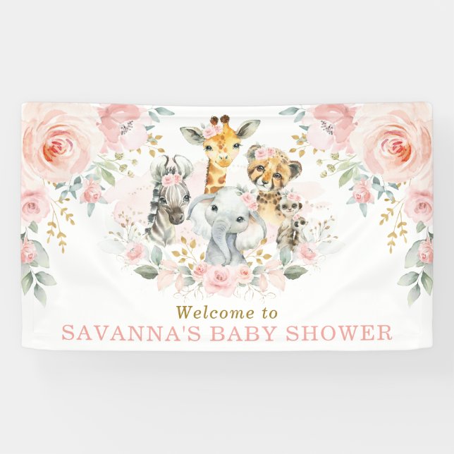 Pink Blush Blume Jungle Safari Baby Willkommen Banner (Horizontal)