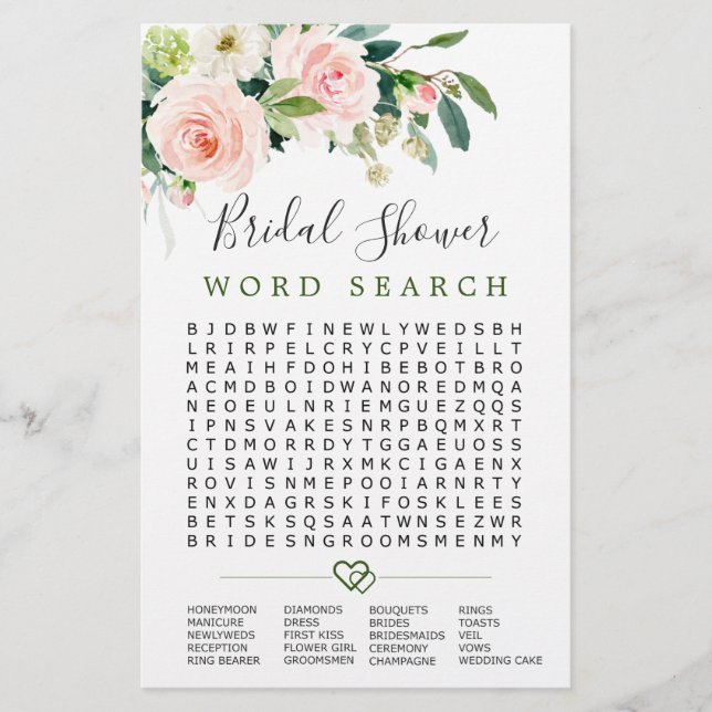 Pink Blush Blume Word Search Brautparty Game (Vorderseite)