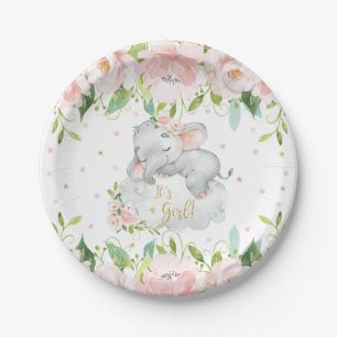 Pink Blush Blumenschläfer Elephant Babydusche Pappteller