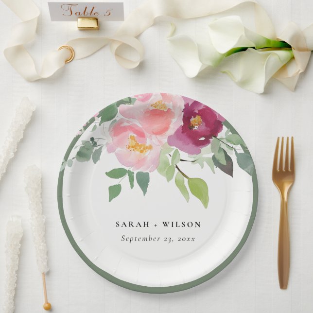 Pink Blush Burgund Rose Wasserfarbenprägung Pappteller (Hochzeit)