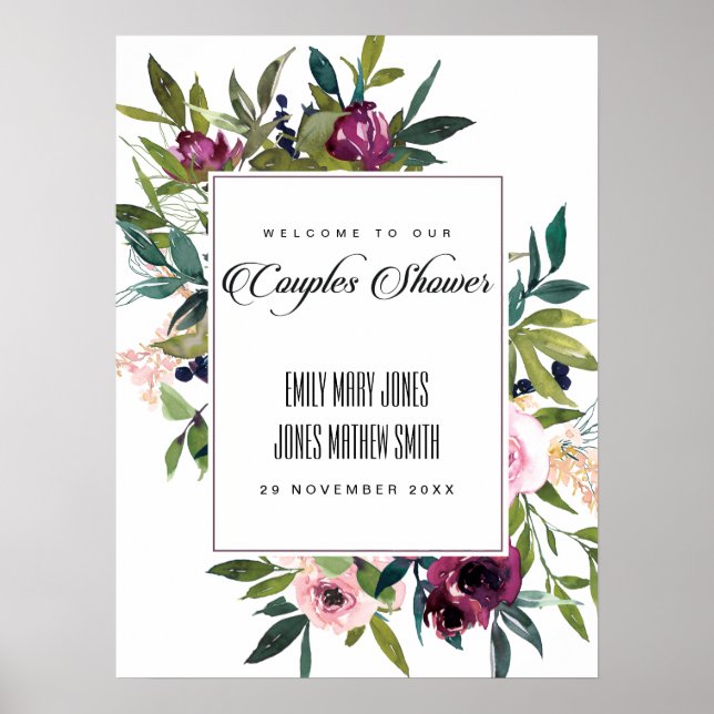 PINK BLUSH BURGUNDY FLORAL COUPLES DUSCHE WILLKOMM POSTER (Vorne)