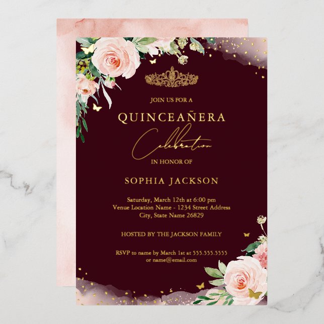 Pink Blush Burgundy Floral Quinceanera Geburtstag Folieneinladung (Vorderseite/Rückseite)