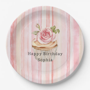 Pink Blush Creme Streifen Rose Cupcake Geburtstag Pappteller