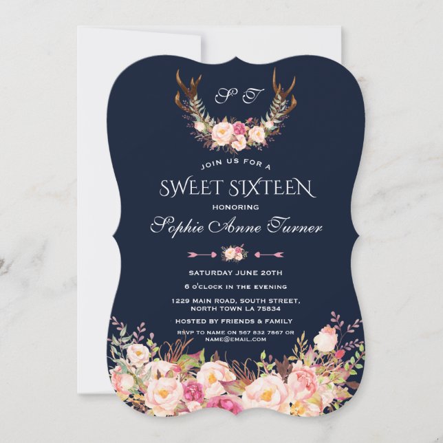 Pink Blush Floral Antlers Dark Blue Sweet 16 Einladung (Vorderseite)