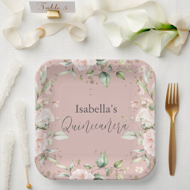 Pink Blush Floral Aquarell Quinceañera Paper Plaka Pappteller (Hochzeit)