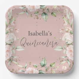 Pink Blush Floral Aquarell Quinceañera Paper Plaka Pappteller