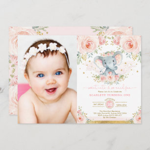 Pink Blush Floral Elephant Girl 1. Geburtstag Part Einladung