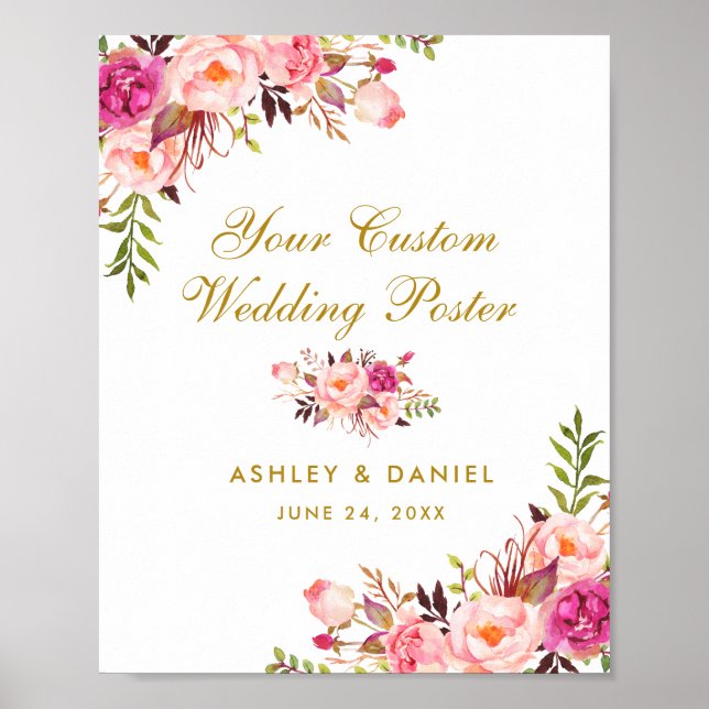 Pink Blush Floral Gold Hochzeit Custom Poster (Vorne)