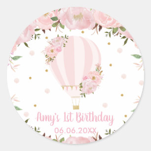 Pink Blush Floral Hot Air Ballon Birthday Gefallen Runder Aufkleber