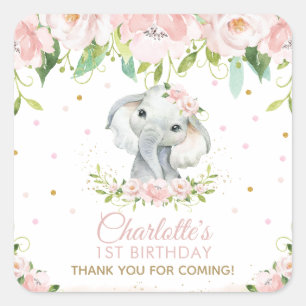 Pink Blush Floral Niedlich Elefant Danke Quadratischer Aufkleber