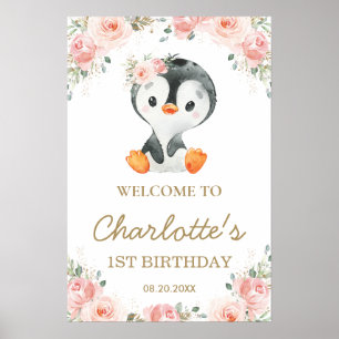 Pink Blush Floral Pinguin 1. Geburtstag Willkommen Poster