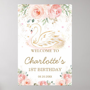 Pink Blush Floral Swan 1. Geburtstag Begrüßungszei Poster