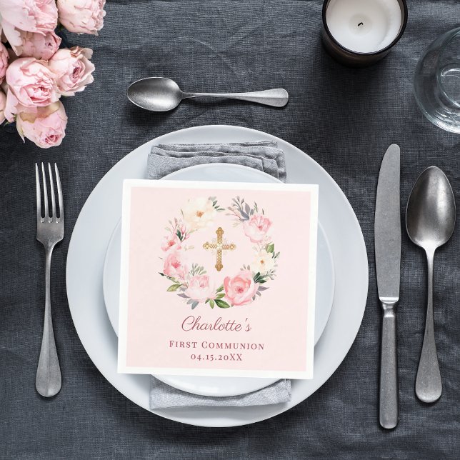 Pink blush floral wreath First Communion luncheon Serviette (Von Creator hochgeladen)