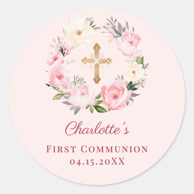 Pink blush floral wreath First Communion Runder Aufkleber (Vorderseite)