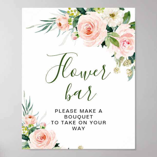 Pink Blush Flowers Greenery Floral Flower Bar Sign Poster (Vorne)