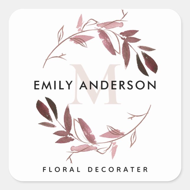 PINK BLUSH FOLIAGE WREATH BERUFLICH MONOGRAM QUADRATISCHER AUFKLEBER (Vorderseite)