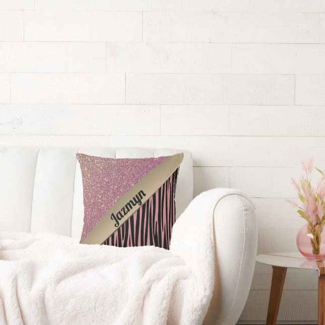 Pink Blush Glam Zebra Print Personalisiert Kissen (Liege)