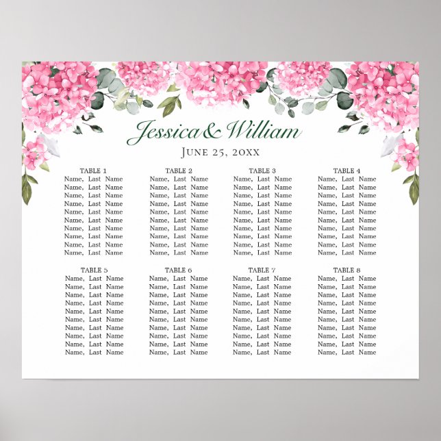 Pink Blush Hydrangea Floral 8 Tische SITZPLATZ Poster (Vorne)