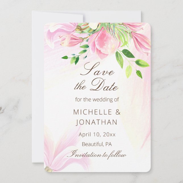 Pink Blush Magnolias florale Inspiration Hochzeit Save The Date (Vorderseite)
