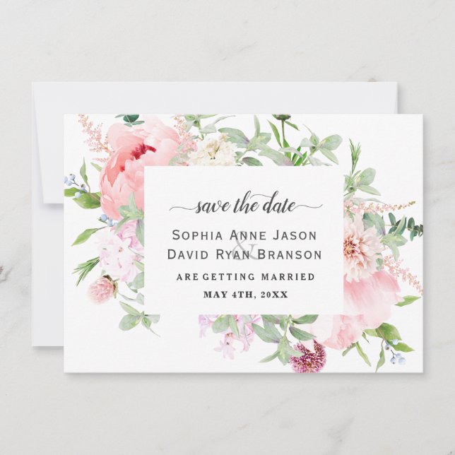 Pink Blush Peonies Bloom Wedding Calligraphy Save The Date (Vorderseite)