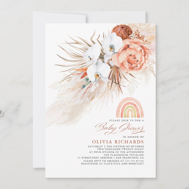 Pink Blush Rainbow Pampas Grass Baby Shower Girl Einladung (Vorderseite)