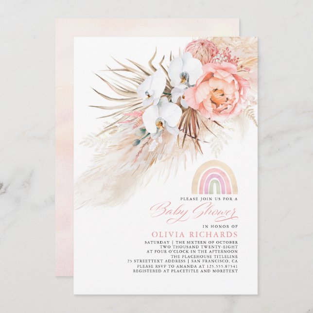 Pink Blush Rainbow Pampas Grass Baby Shower Girl Einladung (Vorne/Hinten)